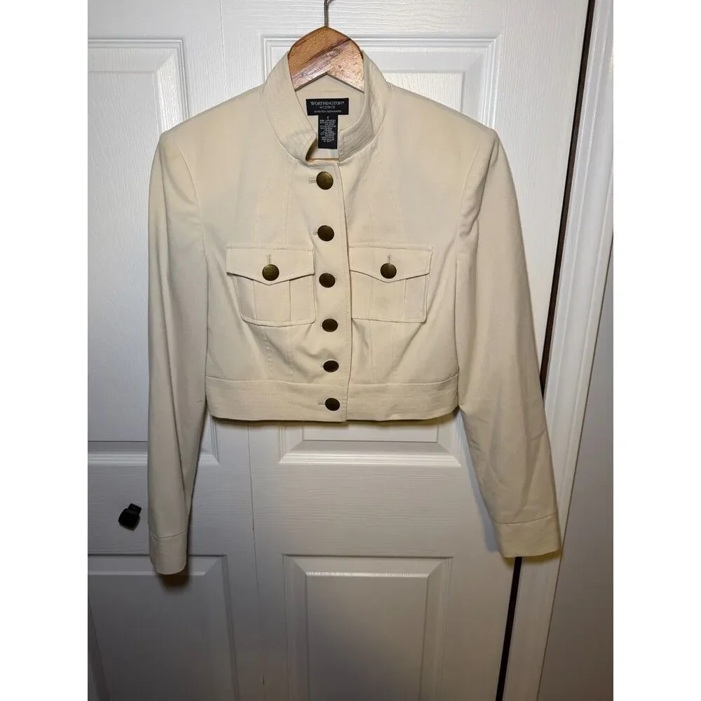 Worthington Works Cropped Military Jacket Women's Size 6 Ivory Stretch